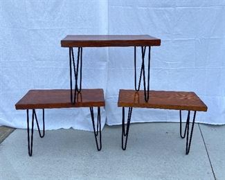 Retro solid wood stools/benches on hairpin iron legs. 