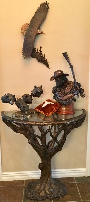 Bronze Eagle, Cowboy with rifle, and fine Bronze tree table.