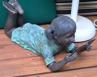 Little Girl Bronze reading Fairy Tale book, one of a pair Boy & Girl, sold as pair.