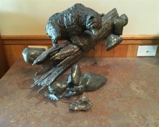 Mark Hopkins Bear on a tree stump Bronze Sculpture.