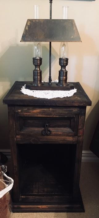 2 of 2 dark wood rustic nightstand. Brass Antique style dual lighted lamp.