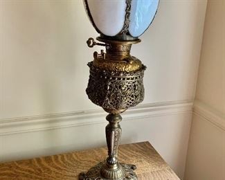 $120 Vintage Victorian metal and slag glass table lamp.  25.5"H