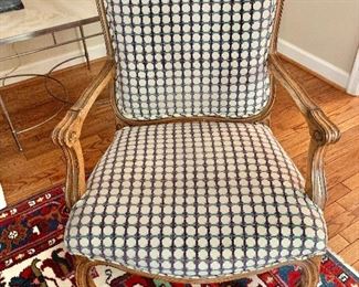 $450 Pair of Leopold Colombo open arm side chairs, with Karl Mann "Pompeii" fabric and matching pillows.  40"H x 24"W x 21"D