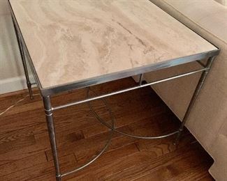 $550 Pair of metal and travertine top end tables. One of two. 22"H x 24"W x 24"D