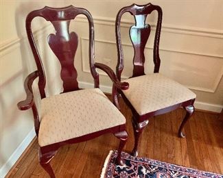 $295 set of 6; Queen Anne style lacquered end and side dining chairs.  Two arm chairs and four side chairs available.  Some nicks in wood. Arm chair 41"H x 25.5"W x 19"D.  Side chair 41"H x 22"W x 19"D