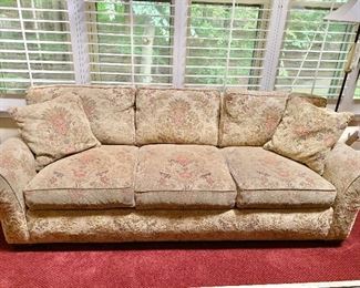 $450  each 2 AVAILABLE! Sofa #1 Crate & Barrel three cushion roll arm sofa, covered in tapestry like fabric.  Two available.  30"H x 93"W x 36.5"D
