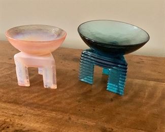 $40 Pair of glass bowls with standings.  Blue bowl 4.5"H  with stand (bowl 1.5"H) x 5"D.  Pink bowl 4.25"H with stand (bowl 1.5"H) x 4"D
