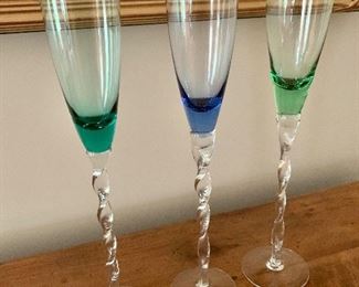 $25 Set of three twisted stem champagne glasses. 14"H