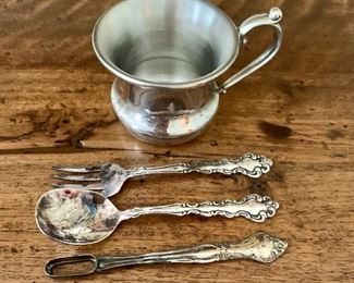 $25 Kirk Stieff Pewter cup and silver plated child's utensil set.
