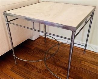 Pair of metal and travertine top end tables. Two of two. 22"H x 24"W x 24"D