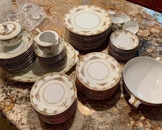 $320 SET; Narumi china "Princess" pattern. 11 Dinner plates 10"D,  11 salad plates 7.5"D, 12 bread plates 6.75"D,  11 saucers 5.5"D and 7 cups (one has a small chip on lip), 12 fingertip bowls 5.5"D,  11 soup bowls  7.75"D, creamer 3.75"H x 5.75"W and sugar bowl 4."H x 6.5"W, serving platter 17.25"L x 11.5"W and serving bowl with handles 3.25"H x 9.75"D (11.25" with handles)