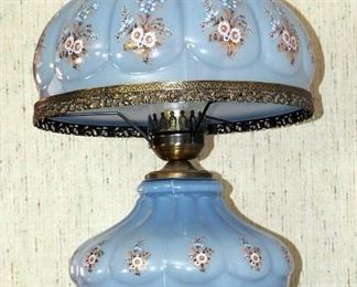 Vintage 24" Opaque Blue Glass Hurricane Lamp, Glass Shade Has Intricate Metal Trim, With Metal Footed Base