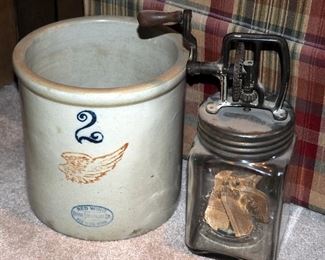 Red Wing 2 Gallon Stoneware Crock And Complete Dazey Glass Butter Churn Number 20