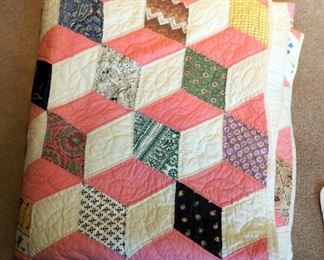 Hand Quilted Tumbling Block Patch Quilt, Approximately 80" x 68"