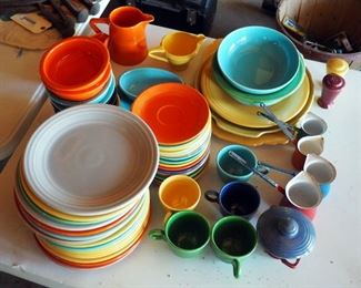 Fiesta Stone Ware Dishes, Assorted Colors, Including 9.5" Plates, Saucers, Dessert Bowls, Serving Platters, Cups, Gravy Boat, And More, Qty 67 Total