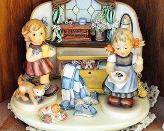 Goebel German Limited Edition Hummel Figures - "Little Knitter", "Bee Hopeful" (Both Dated 2000), With Goebel "Quilting Bee" & "Hope Chest" Displays