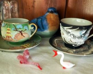 Dragonware Teacup And Saucer Sets Qty 2, Lampwork Birds Qty 2, Miniature Bud Vase, And More