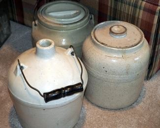 One Gallon Red Wing Jug With Wire Bail And Wood Handle And Stoneware Pickling Jars With Lids Qty 2 (One With Handle)