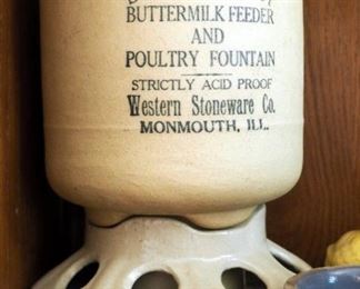Antique Western Stoneware Co. "Splash Proof Buttermilk Feeder And Poultry Fountain", Ceramic Bowl, And Ceramic Chick Salt & Pepper Shakers