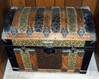 Antique Camelback Storage Trunk With Stamped Metal Overlay/Hardware And Inner Tray, 21" x 28" x 17"
