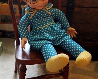 Vintage Mrs. Beasley Soft Body Doll And Antique Wood Toddler Chair