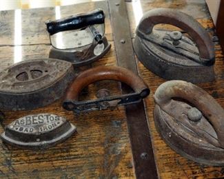 Antique Cast Iron Iron Assortment, Qty 4, Including Asbestos Sad Iron, Miss Potts Sad Irons, And More