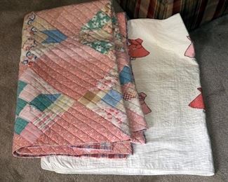 Antique Hand Stitched Sunbonnet Sue Baby Quilt, Approximately 45" x 56", And Block Patch Quilt, Approximately 66" x 52" 