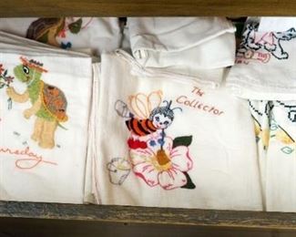 Vintage Embroidered Hand Towels Including Days Of The Week Turtles (Qty 12), Bumblebees (Qty 3), Kittens (Qty 2), And More