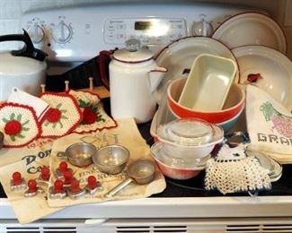 Vintage Pyrex Mixing Bowls, Casserole Dishes, Food Storage Containers, Enamelware Percolator Coffeepot, Vintage Cookie Cutters, Hot Pads, Sugar
