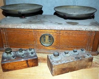 Antique Balance Scale With Granite Top, 8" x 19" x 8.5", Includes Lead Balance Weight Sets, Qty 2