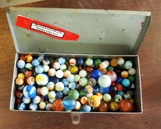 Vintage Glass Marble Collection, Various Sizes/Types/Colors, Contents Of 2 Tins