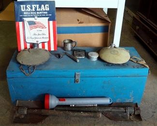 Wood "Troop 256" Scout Box 10.5 x 32" x 11.5", Canteens, Vintage Soling Handwarmer, Foxhole Shovels, Flashlight, Flag, Cups And More