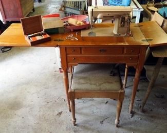 Vintage Singer Sewing Machine In Solid Wood Sewing Cabinet Includes Vintage Handheld Sewing Machine, Accessories, Thimbles, Bobbins, Stool Included