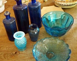 Blue Glass Bottles, Serving Bowl, Bud Vase And More