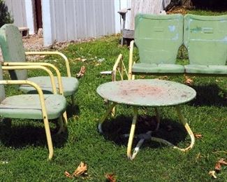 Vintage Metal Patio Set Including Two Arm Chairs, Glider And Round Table