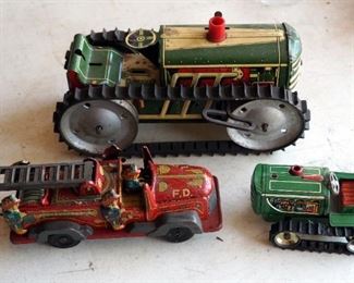 Vintage Tin Toys, Including Wind Up Tractor And Fire Truck, Qty 3
