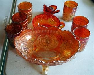 Marigold Carnival Glass Assortment Including 10" Footed Bowl, Juice Glasses Qty 6, Serving Bowl And More