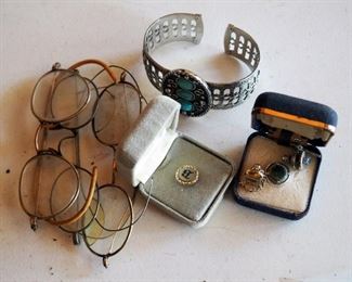 Tie Tacks, Turquoise And Silver Cuff Bracelet, And Vintage Eye Glasses