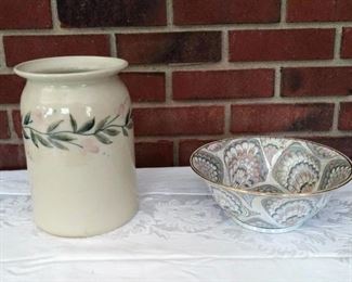 Iridescent Bowl and Pottery Jar 