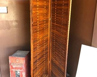 Red post box antique (family took) and Teak Screen 2 panel Mid Century