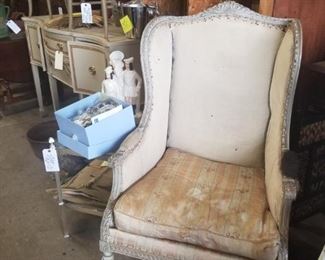 French wingback chair, deco glass side table, staffordshire figures