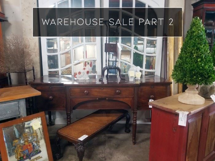 Beautiful mahogany sideboards/servers, antique mirrored doors, caned bench