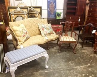 antique settee, upholstered benches, chippendale chairs, mirrors