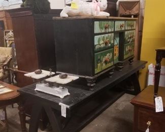 painted furniture, farm table, moss bunnies