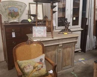 caned armchair, bookcases, breakfronts, unique store counter or bar