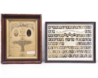 2 Antique Wood Framed Marriage License and School Composite
