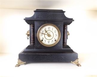 Antique Wood Mantle Clock with Brass Accents
