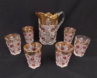 Vintage 7 Piece Crystal Glass Ruby and Gold Gilded Pitcher Set
