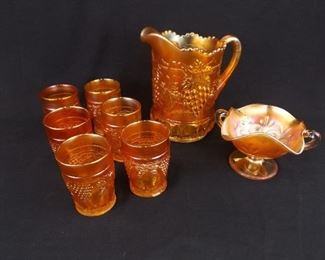 Vintage Orange and Yellow 8 Piece Carnival Glass Pitcher Set
