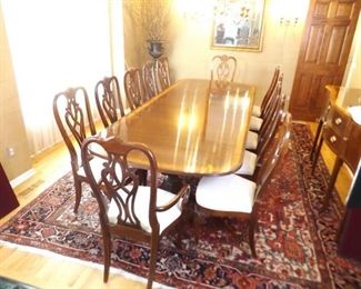 Ethan Allen 12 Person Queen Anne Double Pedestal Mahogany Dining Room Table

